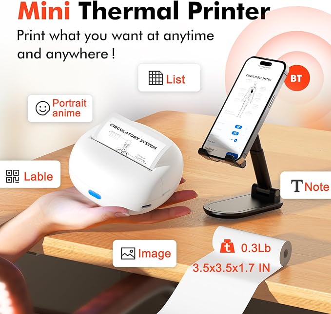 Sticker Printer, Mini Thermal Printer with 5 Rolls Paper ,Inkless Photo Maker for School Supplies & DIY Projects,Bluetooth Connection Portable Sticker Maker for Labels, Photos, and Notes (Mini)