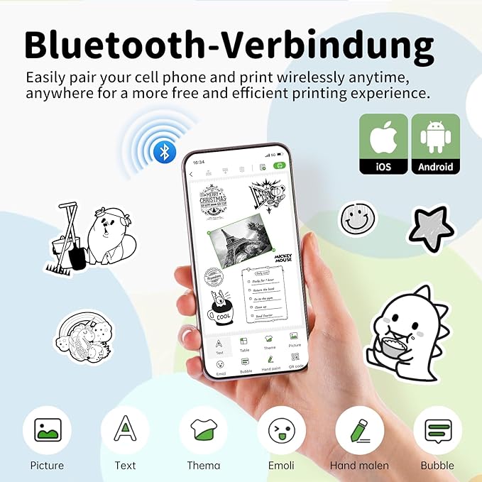 iDPRT Mini Sticker Maker Portable Printer with 1 Roll Sticker Paper - Bluetooth Inkless Printers for Study Notes, Pictures, DIY, Label, iOS & Android Free App with Multiple Templates, Grey