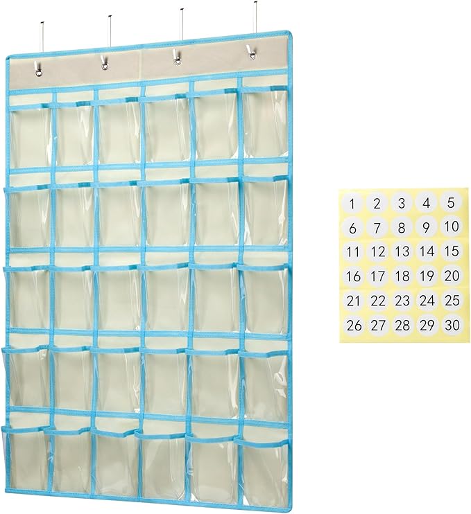KEEPJOY Classroom Pocket Charts for Cell Phone Calculator Holders, Pocket Organizer for Cell phone Jail with 30 Clear Pockets chart Size 33.5 x 24.5 Inch Classroom Pocket Storage (Beige-30pockets)
