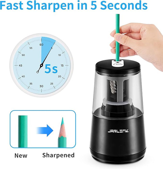 JARLINK Electric Pencil Sharpener, Heavy-Duty Helical Blade to Fast Sharpen, Auto Stop for No.2/Colored Pencils(6-8mm), AC Adapter/Battery Operated in School Classroom/Office/Home (Black)