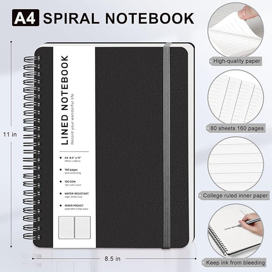 Lined Spiral Journal Notebook, A4 Spiral Notebook, 8.5''×11'' 100GSM Thick Paper Spiral Bound Journaling Notebooks for Work, School, Women, College Ruled Spiral Notebook for Note Business, Black