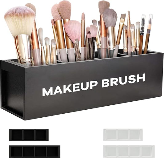 Suli Large Makeup Brush Holder Organizer, Wooden Cosmetic Brushes Storage with 4 Slots, Eyeliners Display Case for Vanity Desktop Bathroom Countertop -Black