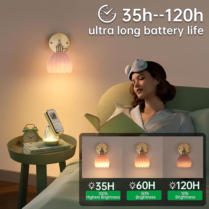 Vintage 5000 mAh Battery Operated Wall Sconce with Pink Tulip Glass Lampshade Rechargeable Battery Powered Wall Light with Remote Control for Bedroom Doorway, Set of 2