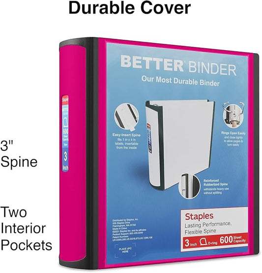 Staples 702876 Better 3-Inch D 3-Ring View Binder Pink (15128-US)