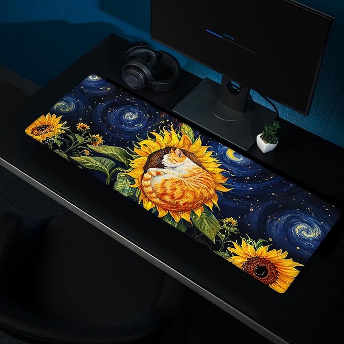 Sunflower Cat Gaming Mouse Pad, Starry Sky Cute Orange Cat Mousepad - Large Non-Slip Desk Mat for Office, PC, Laptop - 31.5"x11.8" x 3mm