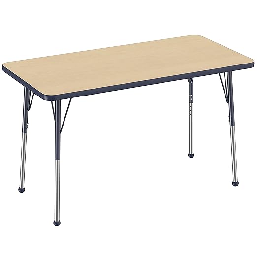 FDP Rectangle Activity School and Office Table (24 x 48 inch), Standard Legs with Ball Glides, Adjustable Height 19-30 inches - Maple Top and Navy Edge