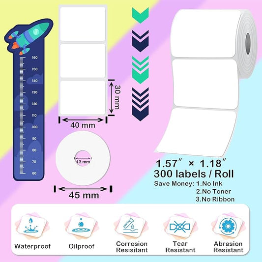 [300 Labels/Roll x 6] 40mm x 30mm Thermal Labels, 1.57''x1.18'' Label Maker Tape Refill, Weatherproof & Tear-Resistant Thermal Stickers Compatible for Phomemo M110, Supvan T50M Pro (White)