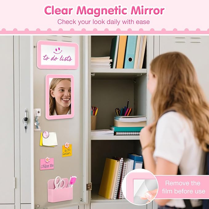 MoKo Locker Accessories Set, 15PCS Back to School Supplies Includes Magnetic Mirror, Whiteboard, Markers, Pen Holder, and Magnets, Locker Organizer for School Office (Pink)