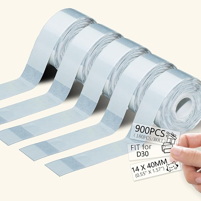 900 Pcs Transparent D30 Label Tape, D30 Label Maker Tape, Smart Mini Label Maker Refill D30, Thermal Printer Paper, Self-Adhesive Sticker Replacement,14x40mm,180 Labels/Roll, 5 Rolls