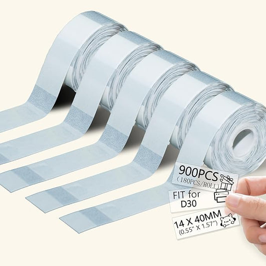 900 Pcs Transparent D30 Label Tape, D30 Label Maker Tape, Smart Mini Label Maker Refill D30, Thermal Printer Paper, Self-Adhesive Sticker Replacement,14x40mm,180 Labels/Roll, 5 Rolls