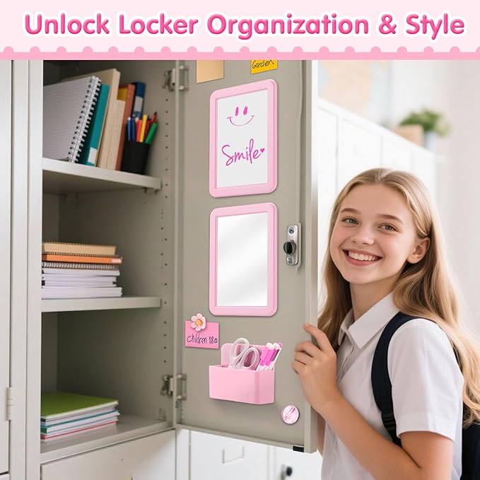 MoKo Locker Accessories Set, 15PCS Back to School Supplies Includes Magnetic Mirror, Whiteboard, Markers, Pen Holder, and Magnets, Locker Organizer for School Office (Pink)