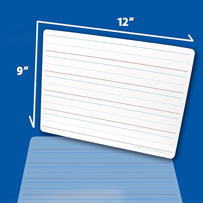 Flipside Products 9" x 12" Two Sided Dry Erase Red & Blue Lined, Black Markers and Erasers, Ruled, Learn to Write, Writing Practice, Pack of 12