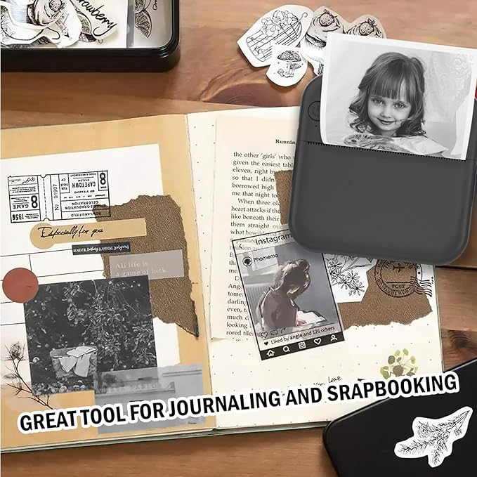 Mini Photo Printer - Portable Pocket Sticker Printers for iPhone Thermal Printer with 10 Rolls Thermal Paper for Photo, Memo, Journal - Black
