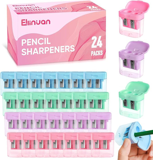 24 Pack Pencil Sharpeners Bulk - Dual Hole Manual Pencil Sharpener with Lid for Kids, Small Handheld Cute Sharpeners for Students, Classroom School Supplies Essentials