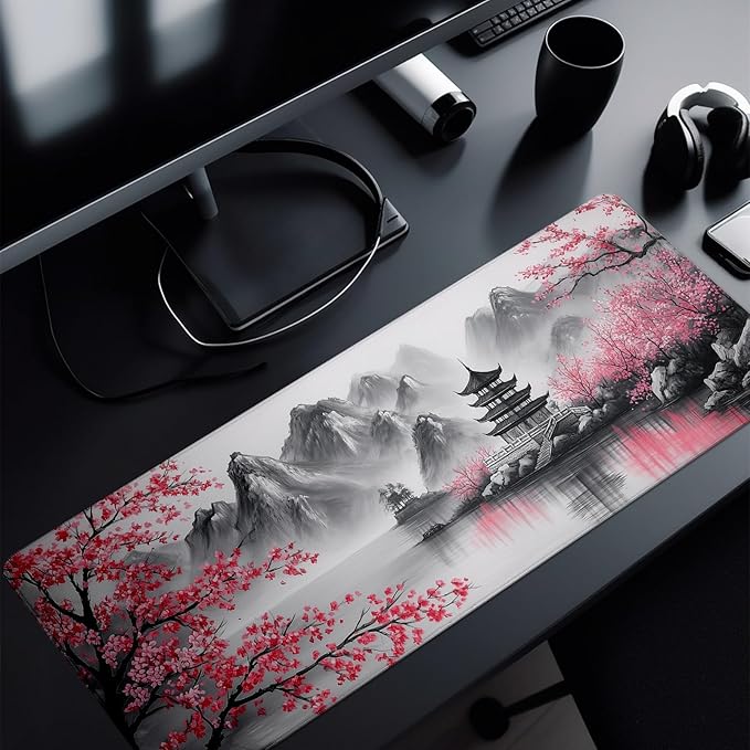 Retro Cherry Blossom Mouse Pad Abstract Big Mouse Pad 31.5x11.8 Inch Retro Texture Non-Slip Rubber Base Large Mousepad Stitched Edges Keyboard Mouse Mat Desk Pad for Office and Home