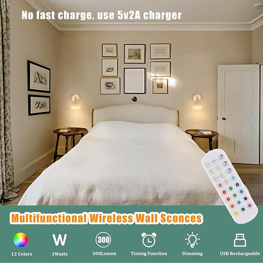Vintage 5000 mAh Battery Operated Wall Sconce with Cream Tulip Glass Lampshade Rechargeable Battery Powered Wall Light with Remote Control for Bedroom Doorway, Set of 2