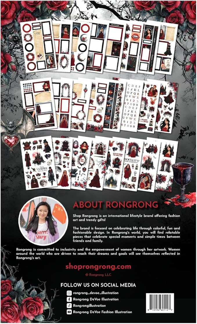 Rongrong Dark Hearts Halloween Planner Sticker Book – 24 Pages of Gothic, Vampire-Inspired Stickers – Perfect for Journals, Scrapbooks, Dark Academia & Spooky October Planner Spreads
