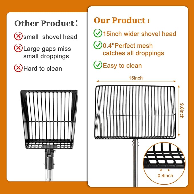 ‌15" Extra Large Chicken Coop Scooper – Heavy Duty Stainless Steel Adjustable Handle (24"-76") Chicken Poop Rake, 5 in 1 Dual-Use Sifting Shovel for Chicken Poop & Litter Cleaning Tool