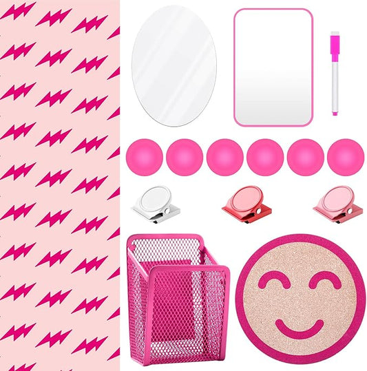 Harloon 15 Pcs Locker Decoration and Organizer Kit Locker Wallpaper Magnetic Pen Holder and Mirror Whiteboard Marker Cork Board with 3 Push Pins 3 Magnetic Clip 6 Magnets(Happy)