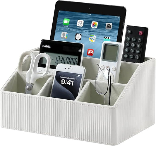 Remote Control Holder with 5 Compartments for Office Art Supplies, PU Leather Nightstand Organizer Pencil Pen Desk Caddy for Home, Desktop TV Remote Control Organizer Storage (Striped Ivory)