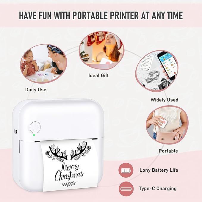 Mini Pocket Bluetooth Printer-Portable Thermal Printer with 10 Roll Papers for Journal/DIY Scrapbook/Travel/Notes/Lists/Label/Memo, Receipt Printer for Children Women Gifts Kids Christmas