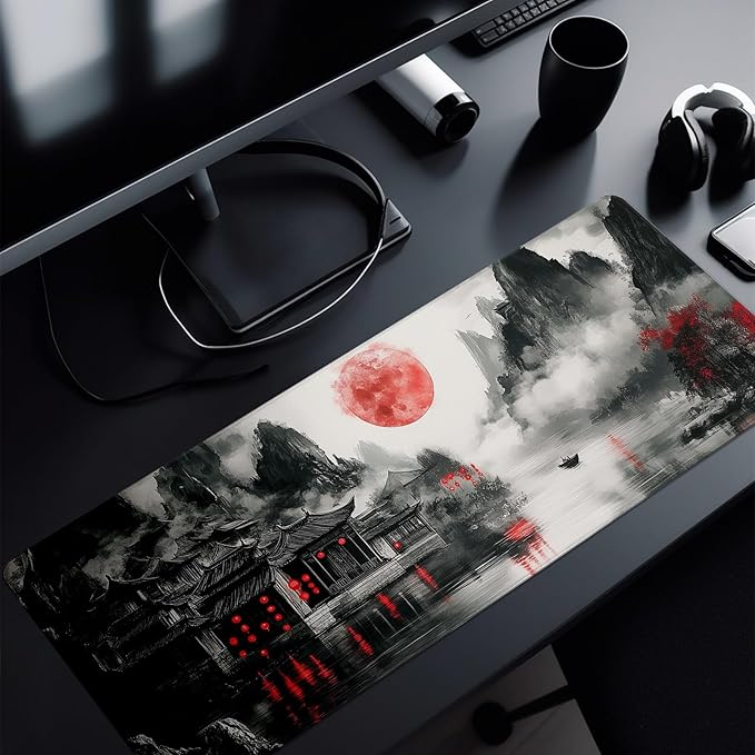 Retro Landscape Mouse Pad Abstract Big Mouse Pad 31.5x11.8 Inch Landscape Texture Non-Slip Rubber Base Large Mousepad Stitched Edges Keyboard Mouse Mat Desk Pad for Office and Home