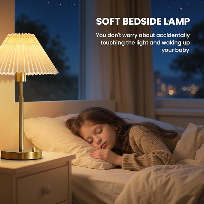 Bedside Table Lamp Set of 2: Dimmable Nightstand Bedside Lamps with USB A and C Ports, Modern Metal and Pleated Fabric Shade Gold Desk Lamp for Home Office Bedroom Living Room Reading