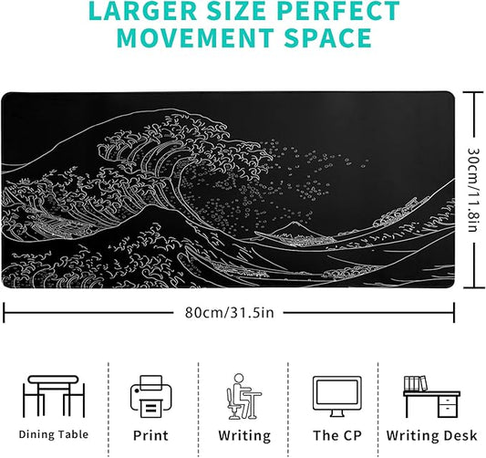 Mousepad 31.5 x 11.8 inches, Large Gaming Mouse Mat with Non-Slip Base, Extended Anime Mouse pad, Full Keyboard Mat with Stitched Edges for Gaming and Office (Kanagawa Wave)