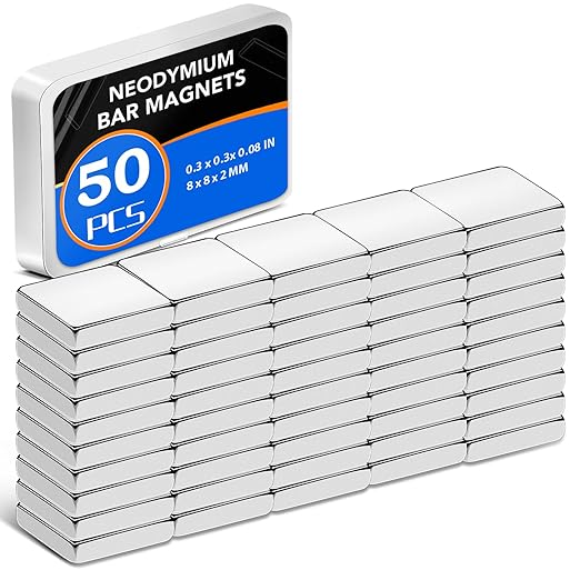 50 Pack Strong Neodymium Bar Magnets，Powerful Rare Earth Neodymium Magnets with Double-Sided Adhesive Perfect for Fridge, Garage, Kitchen, Craft, Office etc 8 x 8 x 2 mm