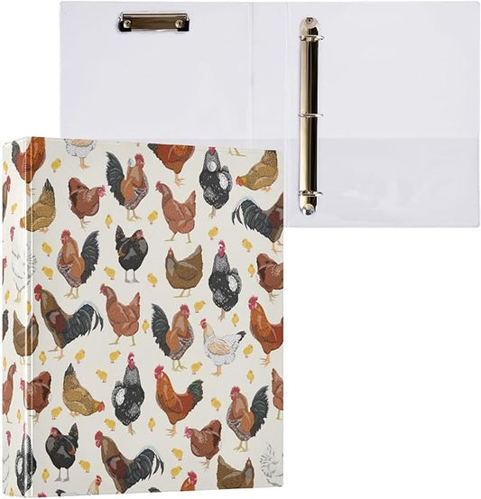 Retro Chickens Decorative 3 Ring Binder 2 Inch Large View Binders with Pockets File Organizer for Office College School, 1Pack