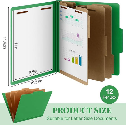 12 Pcs Classification Folders Letter Size, 3 Divider Pressboard File Folder with Fasteners, Expanding File Organizer Bulk for Teachers, Clergy, Office, Church, Christmas Donations (Green)