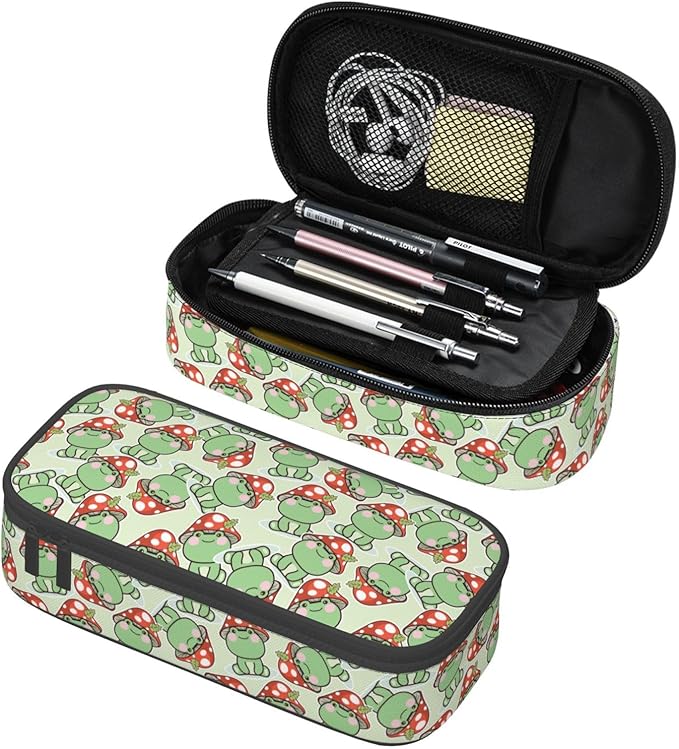 Cute Frog Red Mushroom Large Pencil Case With Zipper Compartments Stationery Pencil Bag For Kids Teens Students School Supplies