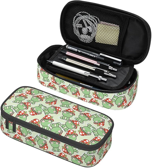 Cute Frog Red Mushroom Large Pencil Case With Zipper Compartments Stationery Pencil Bag For Kids Teens Students School Supplies