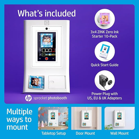 HP Sprocket Photo Booth Machine Instant Color Photo Printer (White) Gift Bundle + Zink Paper (110 Sheets) + Padded Carrying Case + Premium Screen Protector (2) + Decorative Sticker Frames (15)