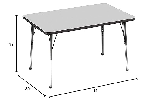 FDP Rectangle Activity School and Office Table (30 x 48 inch), Standard Legs with Ball Glides, Adjustable Height 19-30 inches - Gray Top and Black Edge