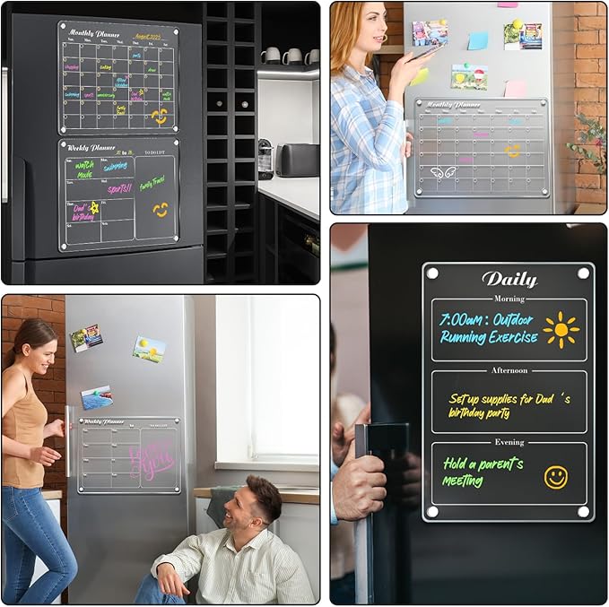 DIYMAG Planning Pads 3Pack Acrylic Magnetic Dry Erase Calendar for Fridge, Clear Acrylic Calendar Planning Board Set 2025 Magnetic Weekly Monthly Planner Memo Board for Refrigerator with 6 Highlight