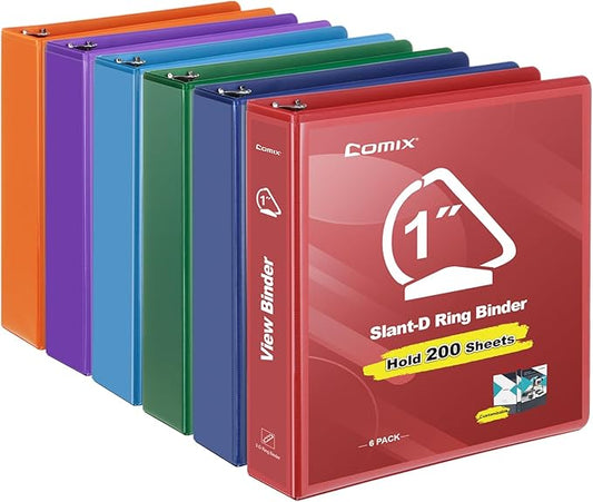 COMIX Sturdy 1 Inch Binders 3 Ring with Clear View Cover, 1" Slant-D Ring View Binder Holds 225 Sheets of US Letter Size Paper, 6 Pack (Multicolored)
