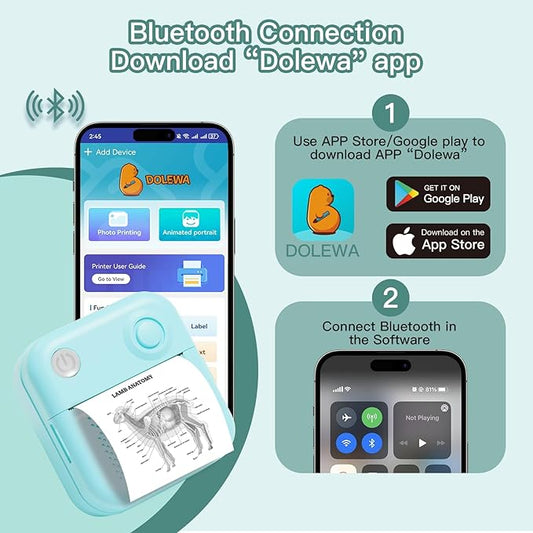 Sticker Printer with 7 Rolls Paper, Portable Mini Sticker Maker Bluetooth Thermal Printer for Photos, DIY,Crafts,Journal,Study,Work, Compatible Phone&Tablet (Blue)