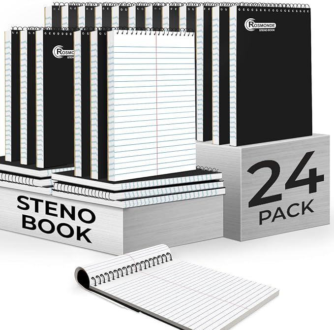 24 Pack Spiral Steno Pads, 6 x 9, Gregg Rule, Black Steno Pad, Top Spiral Notebook, Long Lasting - 80 Sheets (160 Pages), Bulk Steno Notebook for Business, Top Spiral Steno Book for Office