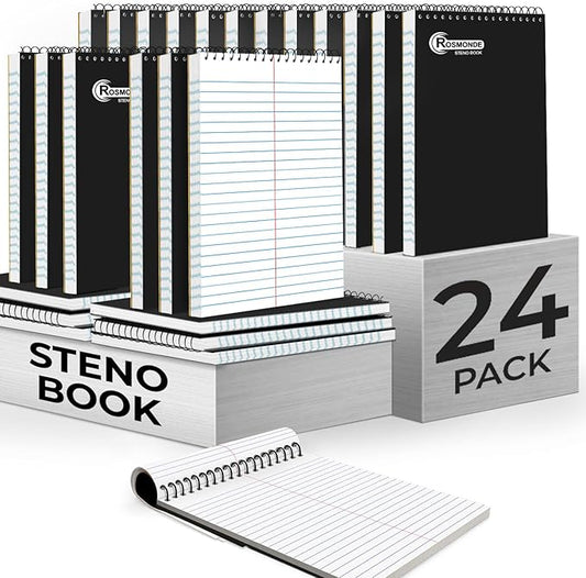 24 Pack Spiral Steno Pads, 6 x 9, Gregg Rule, Black Steno Pad, Top Spiral Notebook, Long Lasting - 80 Sheets (160 Pages), Bulk Steno Notebook for Business, Top Spiral Steno Book for Office