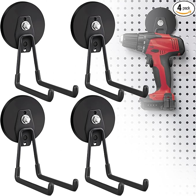 4 Pack Large Strong Magnetic Hooks for Hanging Heavy Duty, 3.5in Neodymium Magnet Storage Utility Hooks, Steel Long Magnetic Holder/Hanger Hook Organizer for Hanging Garage/Garden/Power Tools Black