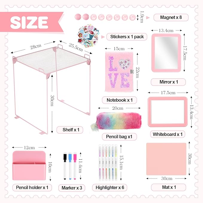abcGoodefg 25 PCS Pink School Locker Accessories Kit for Girls with Locker Shelf Include Magnetic Mirror and Whiteboard Pen Holder Marker Rug Magnets Fur Pencil Bag and Secret Notebook