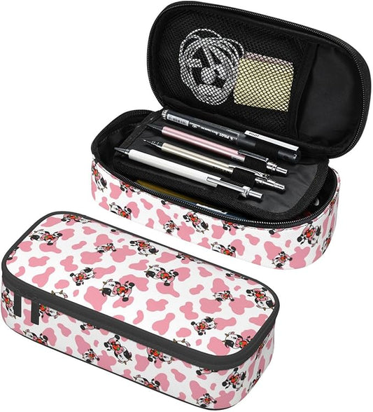 Pink Cows Strawberry Print Large Pencil Case With Zipper Compartments Stationery Pencil Bag For Kids Teens Students School Supplies