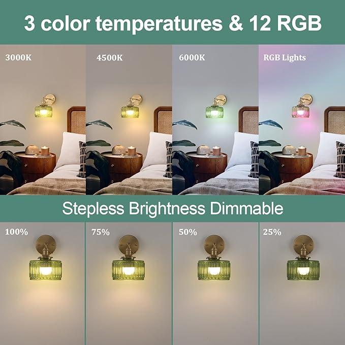 Vintage Battery Operated Wall Sconce with Green Striped Glass Lampshade 5000 mAh Rechargeable Battery Powered Wall Light with Remote Control for Bedside Bedroom Doorway