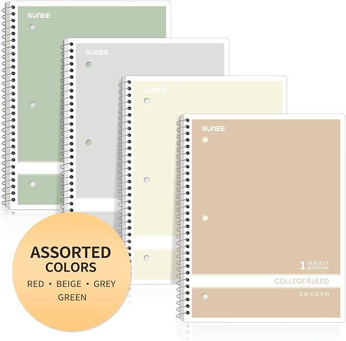 SUNEE Spiral Notebooks College Ruled, 1-Subject, 4 Pack, 8 x 10-1/2 inch, 70 Sheets, 3-Hole Punched Paper, Green, Grey, Beige, Red for Work, Home & School, Writing Journal