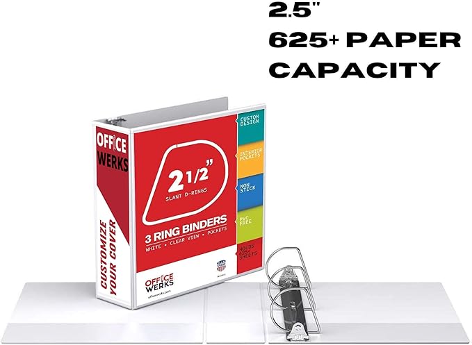 Office Werks 3 Ring Binder, Professional D Ring 2.5 Inch, 12 Presentation Folder for Standard Pages 8.5 x 11 with Pockets, Crystal Clear View White (12 Pack)