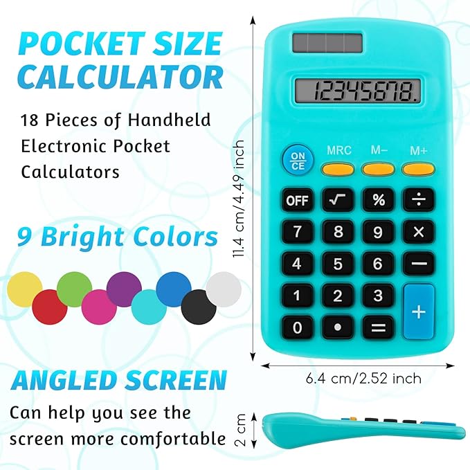 Pocket Size Student Function Calculator Basic Solar Battery Calculator Bulk Mini Colorful Calculator for Student Kids School Home Office Desktop Accounting Tools (18 Pieces)