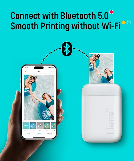 Liene 2x3” Photo Printer, Mini Instant Portable Color Mono Picture Printer Bundle 50 Zink Adhesive Paper, Bluetooth 5.0, Compatible w/iOS & Android, Small Phone Sticker for iPhone, Smartphone, White