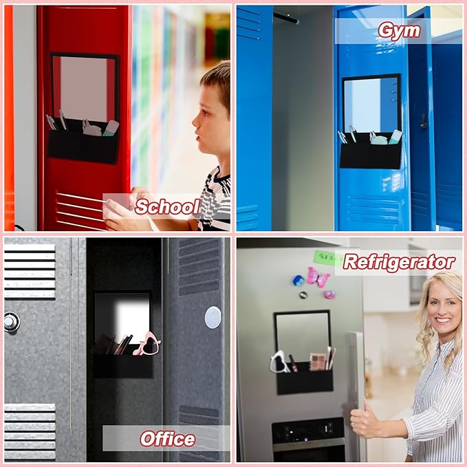 Magnetic Locker Mirror 7 x 6.7 Inch Magnet Mirror with Holder Bag Locker Organizer Accessories Decorations for Office Cabinet Bathroom Refrigerator(Black)