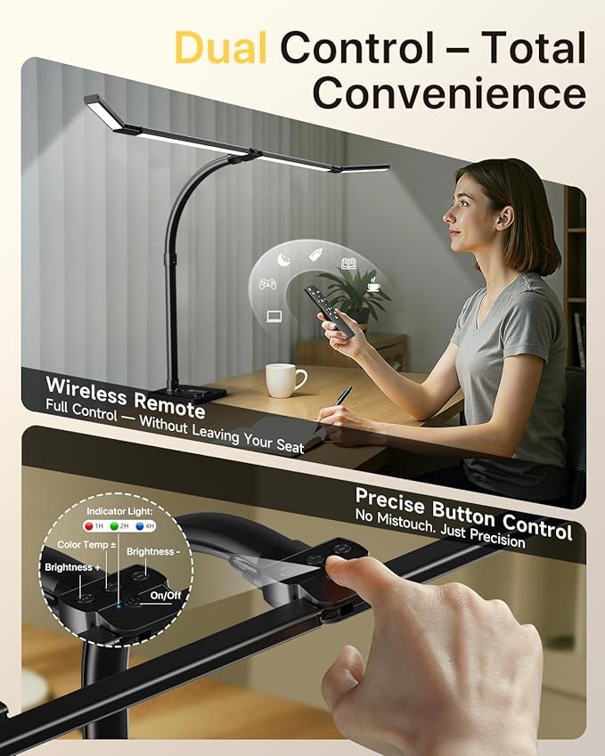42" LED Desk Lamp for Home Office, Eye-Caring Desk Light with Adjustable 4-Segment Bar, 1800LM Bright, Remote, Architect Table Lamp with Base for Dual Monitors, Reading, Study, Workbench(Black)